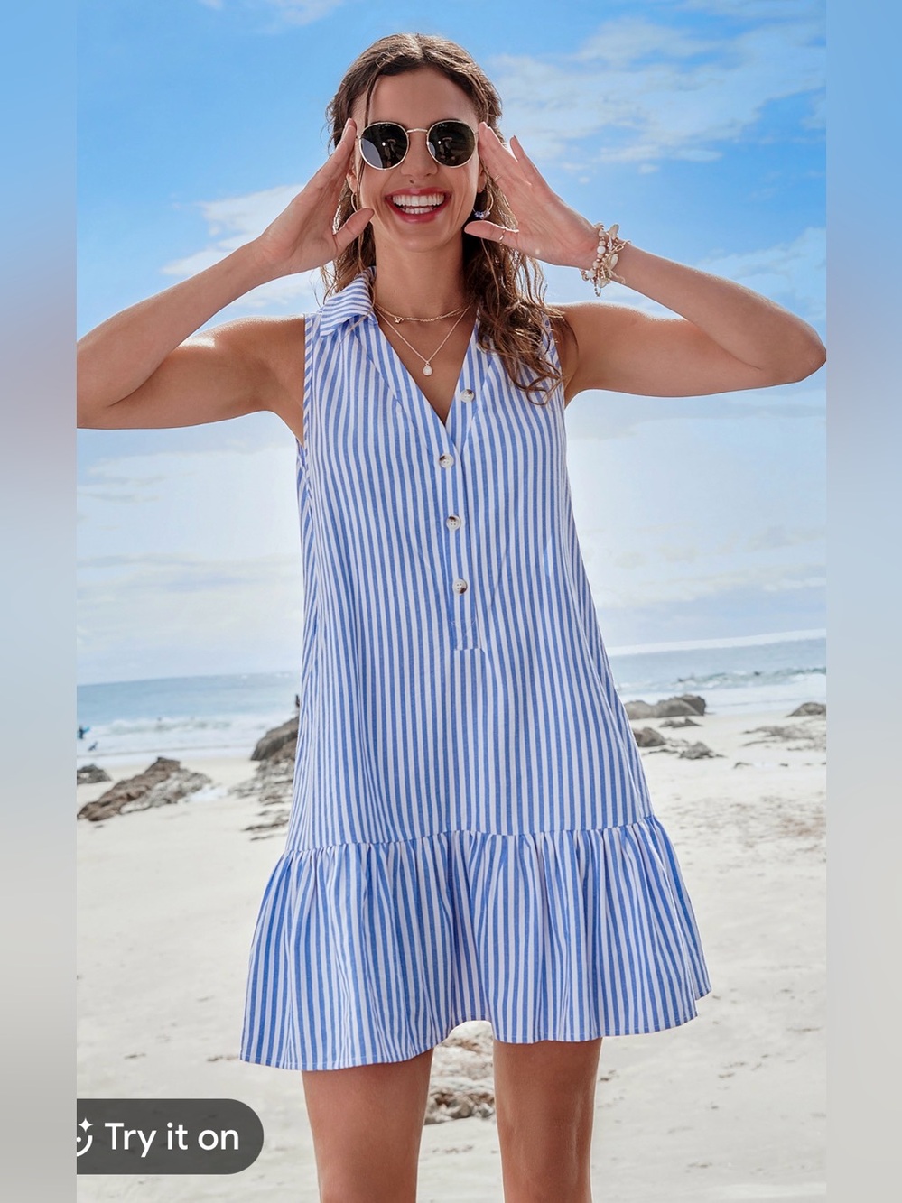 Cupshe Blue and White Striped Sleeveless Mini Dress. Size Medium